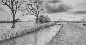 Jamie Sugg's pencil drawing called 'Walking along Swaffham Bulbeck Lode'