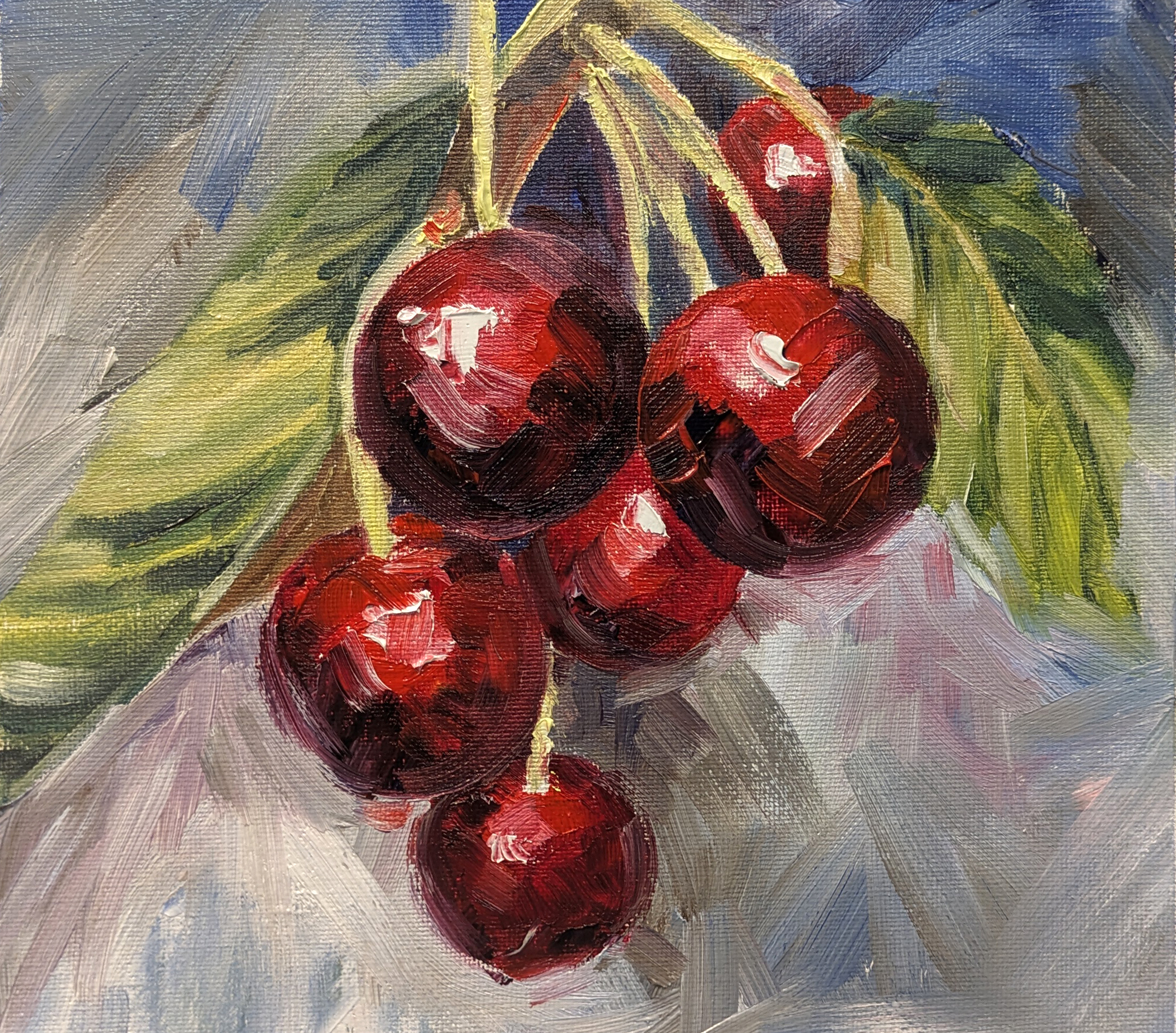 An loose oil painting of a bunch of cherries with visible brushstrokes and texture - colours of July